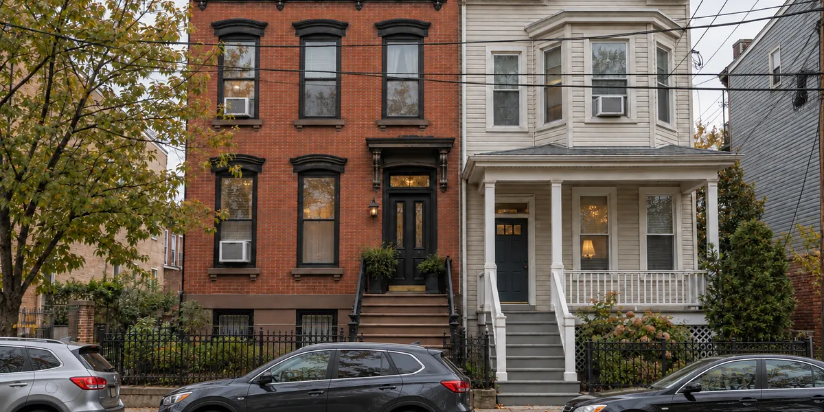 Row of brick rowhouses and a frame two-family side by side on a Jersey City street