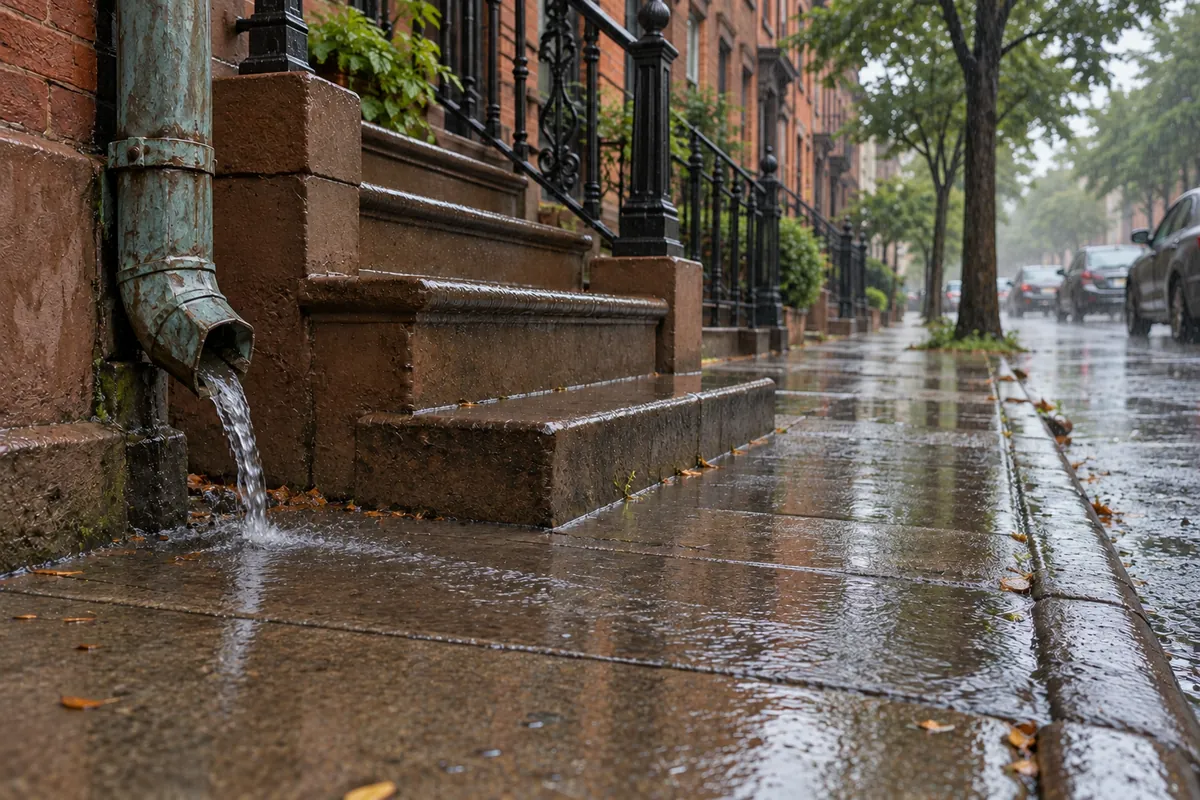 Brick Hoboken rowhouse front with a leader running down beside the stoop to the sidewalk