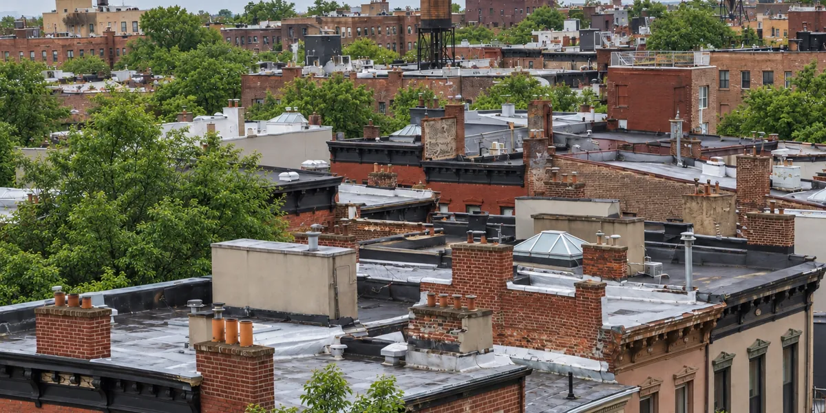 View across Hudson County rooftops toward the Palisades ridge