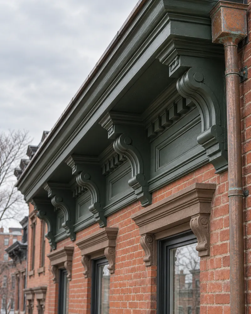 Bracketed wood cornice with a built-in box gutter on a brick rowhouse