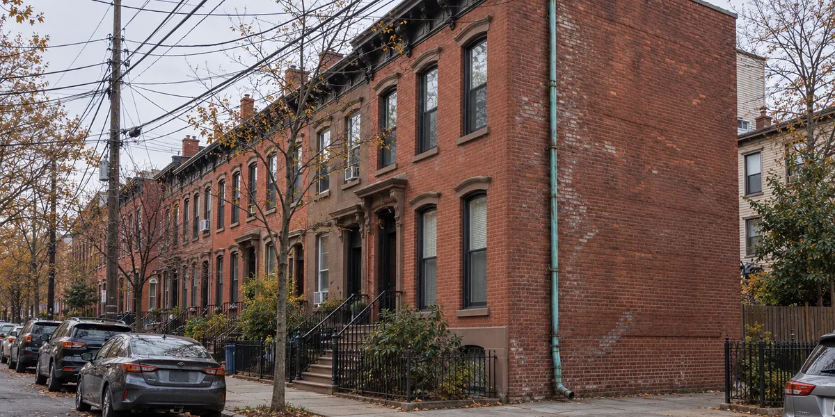 Brick rowhouse end unit on a quiet Jersey City corner, with a copper leader running down the side wall