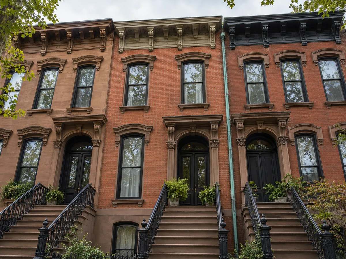 A row of Jersey City brownstones with high stoops and wood cornices