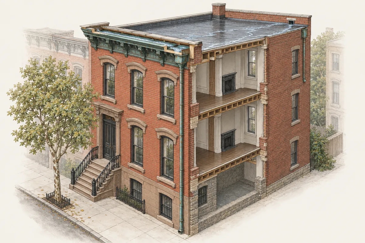 Cutaway illustration of a Jersey City brick rowhouse showing the box gutter in the front cornice, the conductor head, the leader down the facade, and a scupper through the rear parapet
