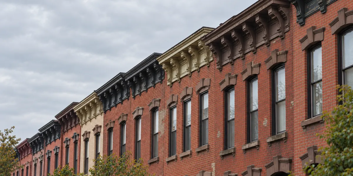 Bracketed wood cornices with built-in box gutters along a row of brick Jersey City rowhouses