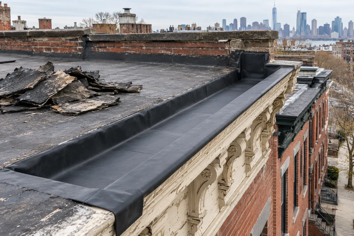 A new black membrane liner laid into an open box gutter at the top of a brick rowhouse cornice