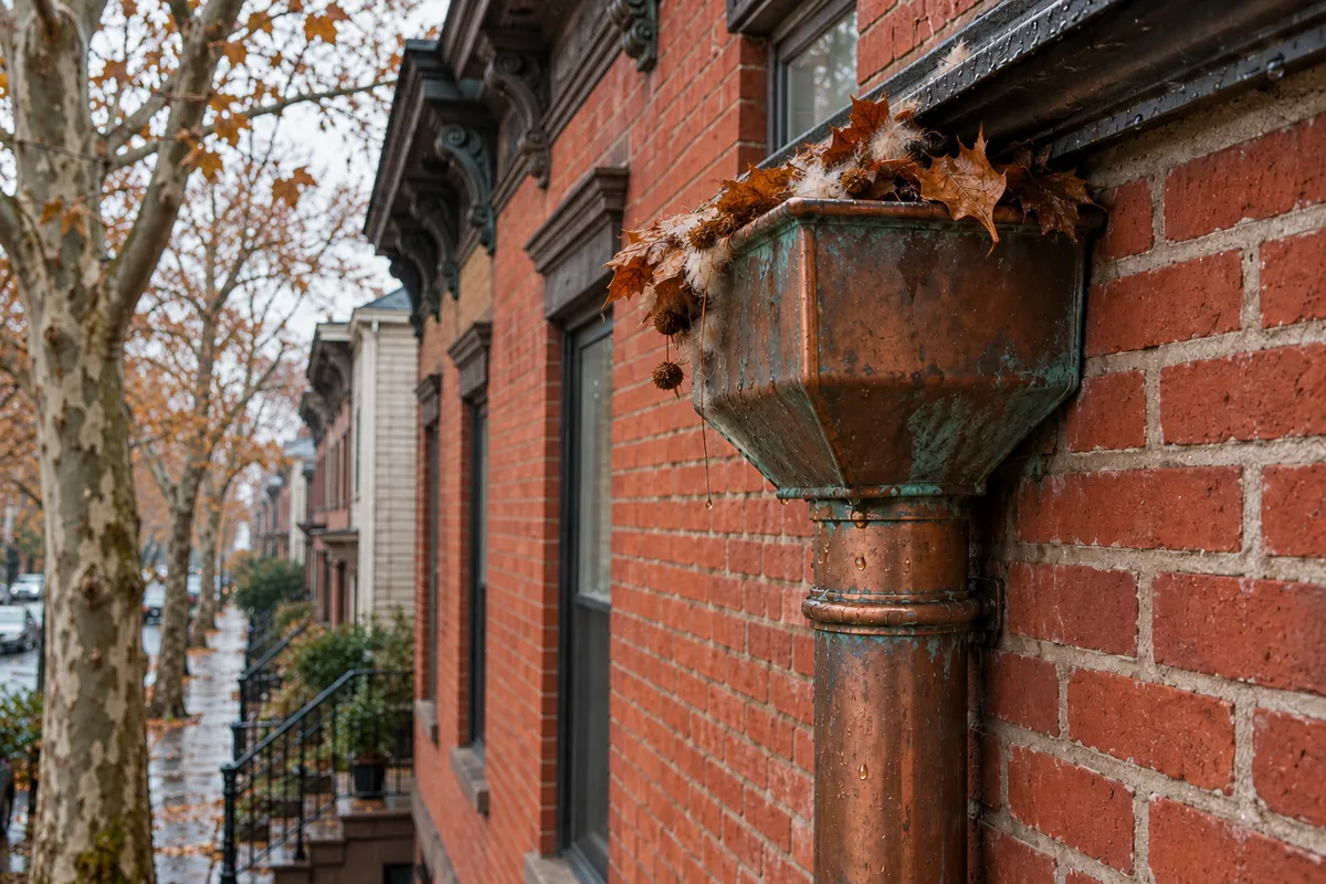 Gutter outlet and conductor head packed with wet brown sycamore leaves on a brick rowhouse