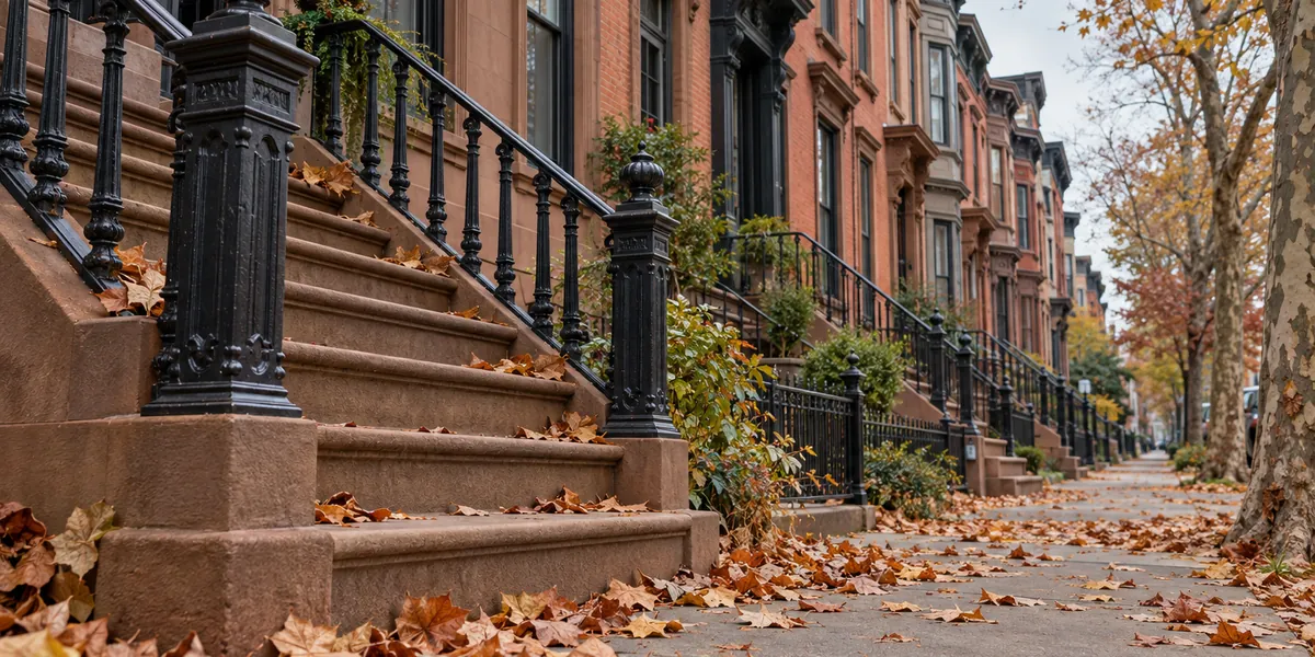 Fallen sycamore leaves along a Jersey City sidewalk below brick rowhouses in late fall