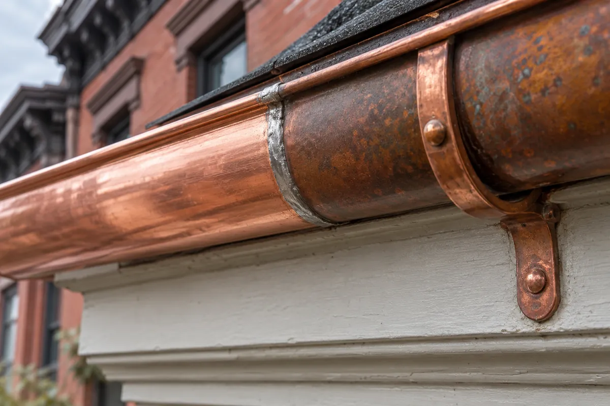 Close view of a copper half-round gutter with a round bracket and a soldered seam on a brick rowhouse