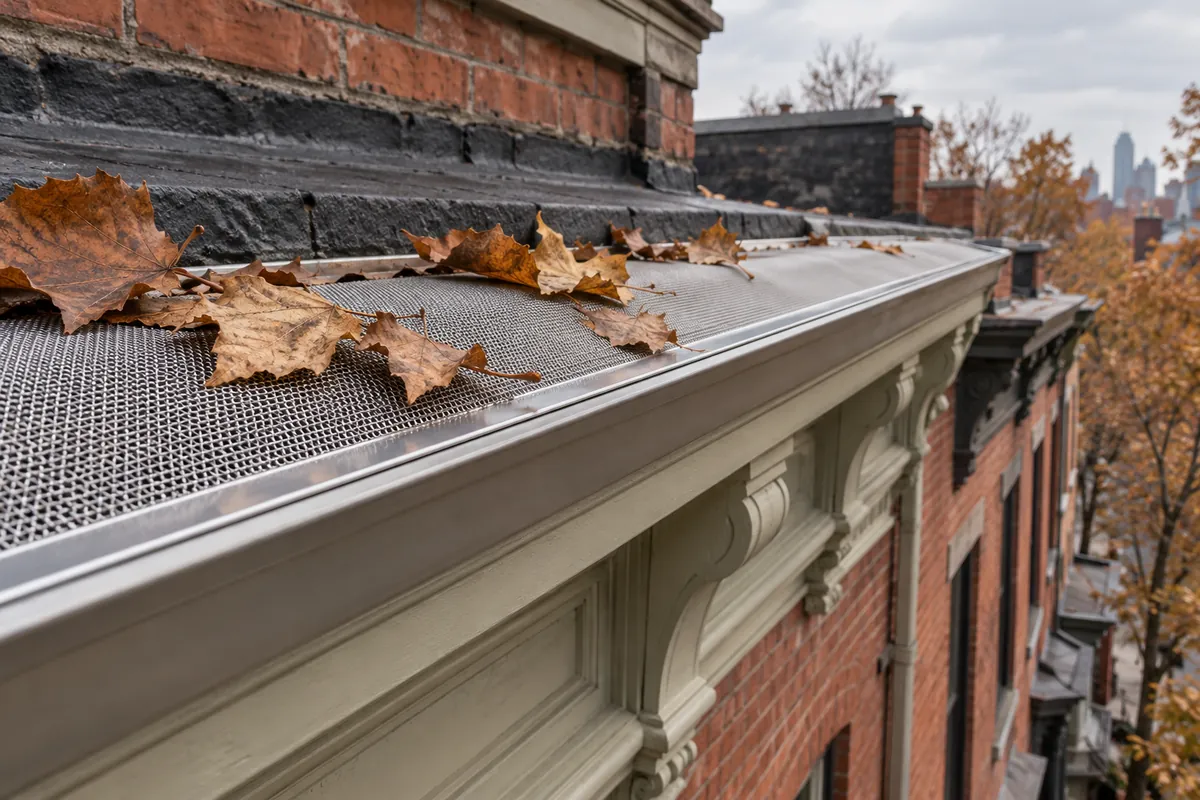 Micro-mesh gutter guard covered with a few dry sycamore leaves on a rowhouse roof edge