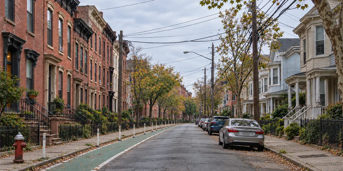 A Jersey City street with brick rowhouses on one side and frame two-family houses on the other