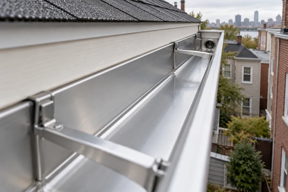 Freshly hung seamless aluminum gutter with hidden hangers along the fascia of a frame house