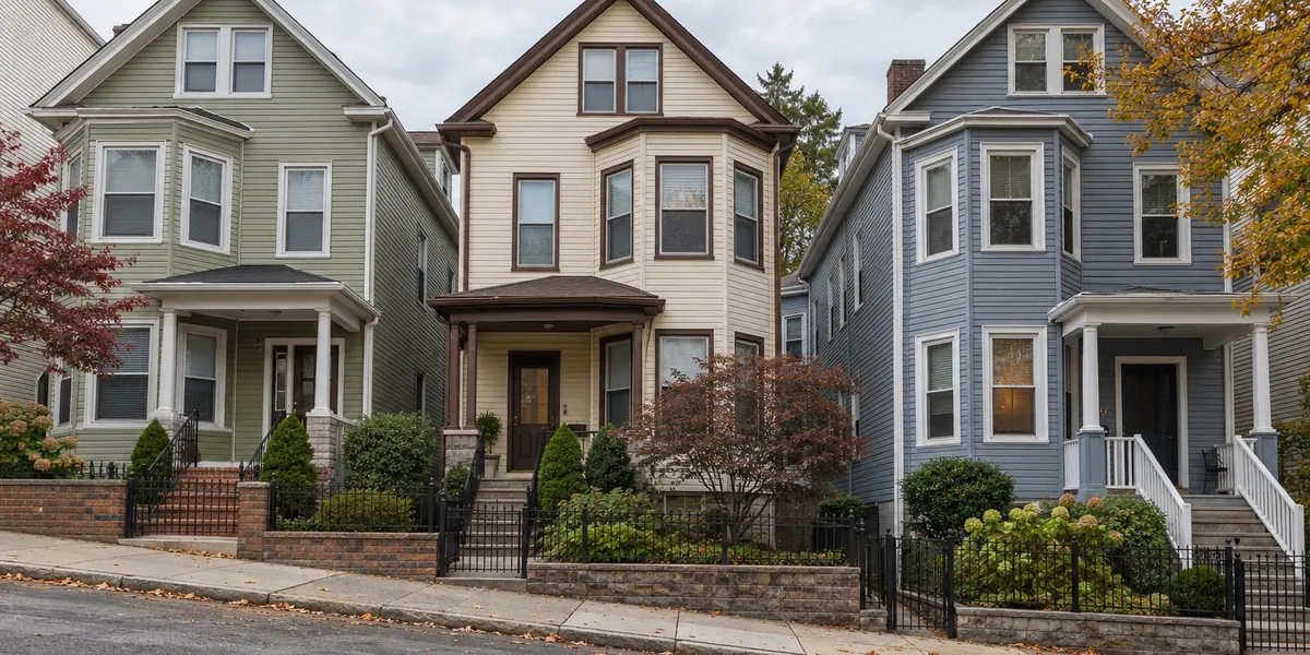 Row of frame two-family houses with new seamless gutters on a Jersey City Heights street