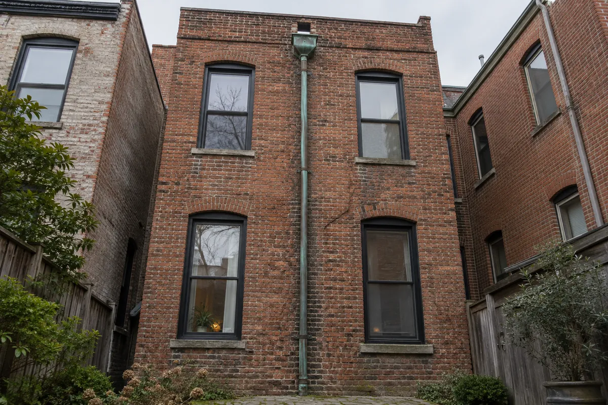 Copper conductor head and leader below a scupper on the rear brick parapet of a rowhouse