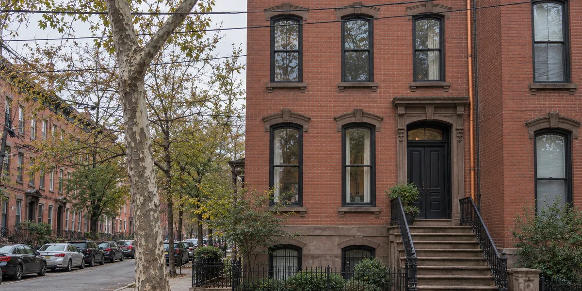Copper leader and conductor head running down a brick rowhouse front beside a high stoop