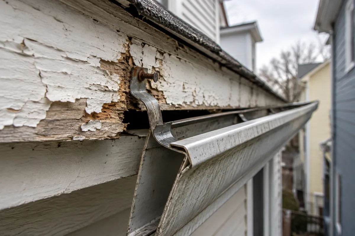 Close view of a sagging aluminum gutter section pulling away from a painted fascia board