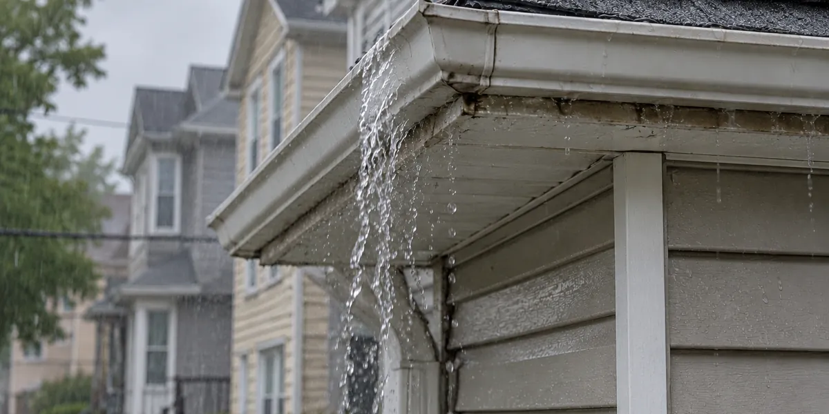Water overflowing from the corner of an aluminum gutter on a frame house during rain